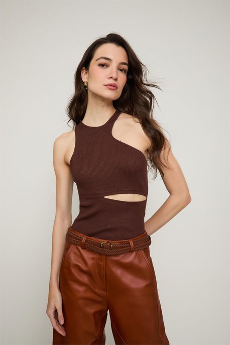 Blusa De Tricot Com Lurex Decote Curva Assimétrico Marrom Castanha - P