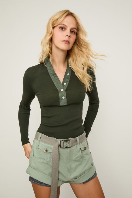 Blusa De Tricot Com Pate De Tecido Verde Thyme - M