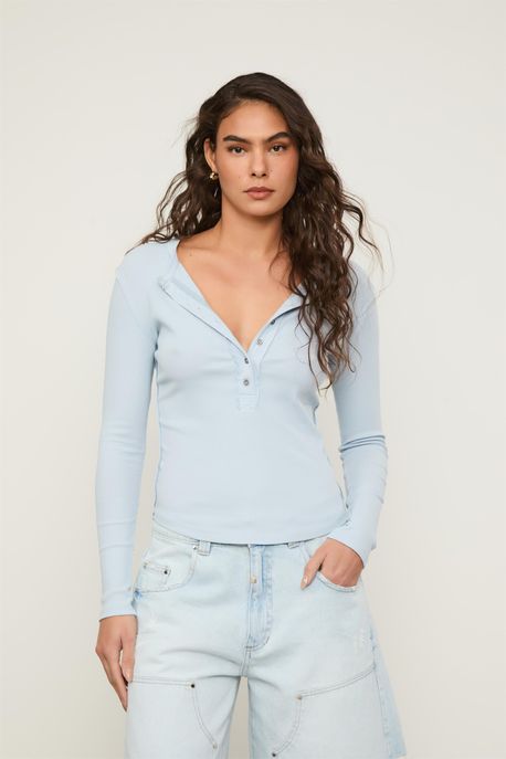 Blusa Rib Botões Azul Bruma - M