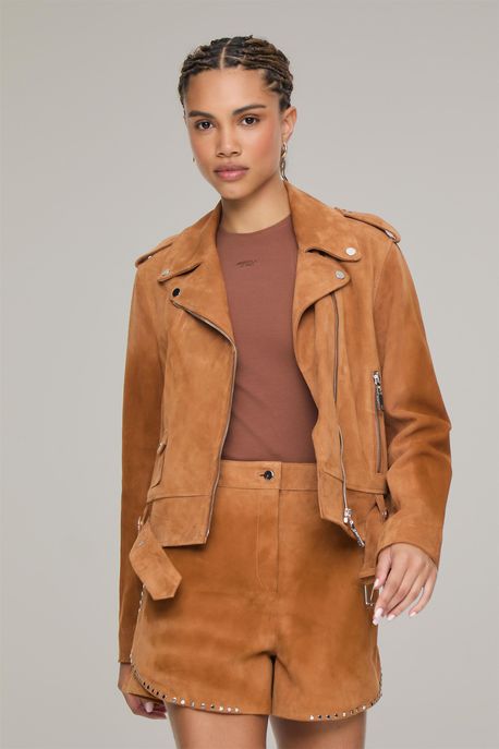 Jaqueta De Suede Biker Com Cinto Marrom Café - P
