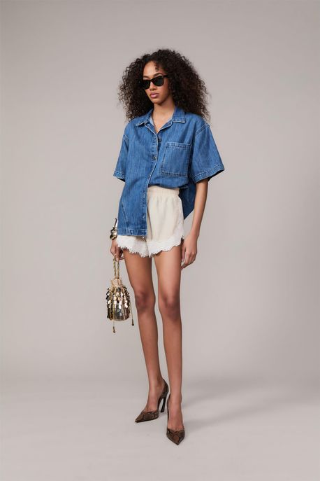 Short Com Barrado De Renda Cinza Gelo - 38