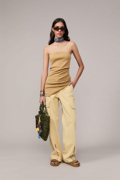 Calça Sarja Wide Leg Cargo Zíper Barra Caqui - 44