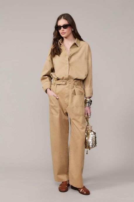 Calça Barrel Com Lavagem Khaki Areia - 36