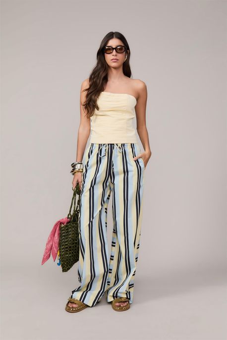 Calça De Tricoline Reta Listrada Amarelo/Azul Marinho/ Azul Claro - 36