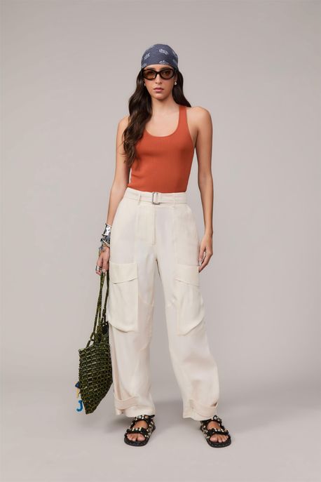 Calça Cargo Recortes Tess Off White - 38