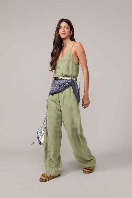 Calça De Cupro Com Elástico No Cos Verde Salvia - PP