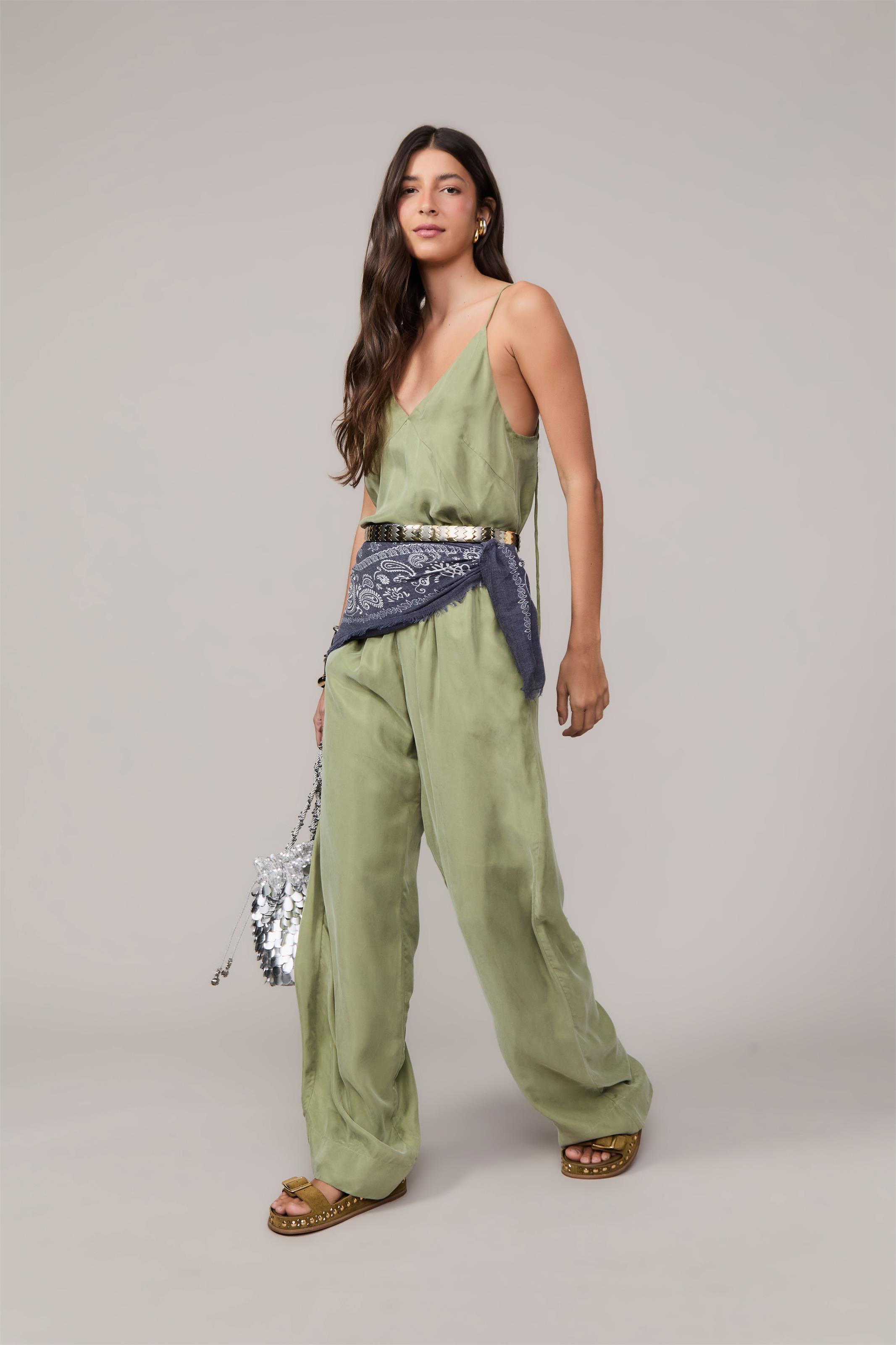 Calça De Cupro Com Elástico No Cos - Verde Salvia - G