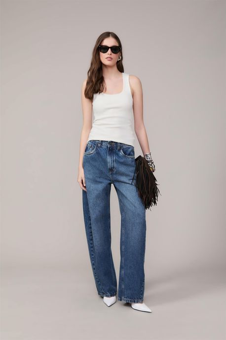 Calça Jeans Baggy Com Transpasse Folha Jeans Escuro - 36