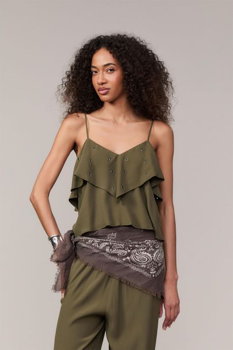 Blusa De Alça Fina Com Ilhós Verde Militar - 36