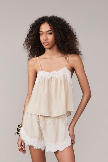 Blusa De Alça Com Decote Renda Cinza Gelo - 36