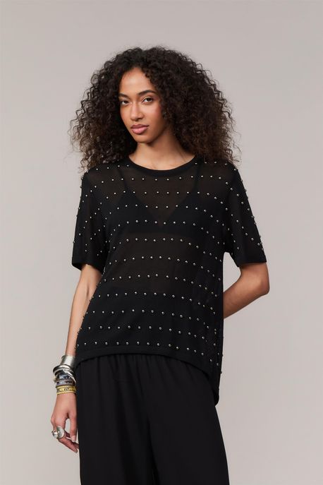 Blusa De Tricot Com Aplicação Preto - P