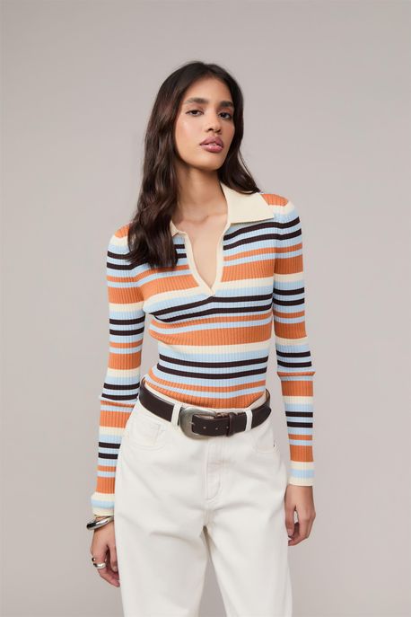 Blusa Polo De Tricot Listrada Com Decote Laranja Outono - G