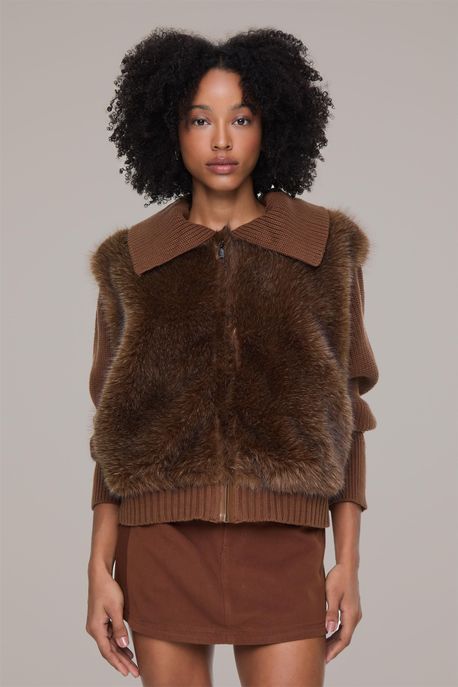Jaqueta Marrom De Pelo Em Tricot Marrom Cappuccino - M