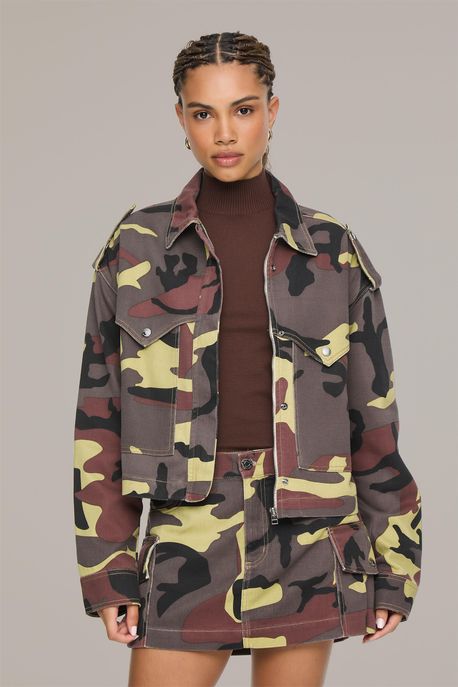 Jaqueta De Sarja Estampa Camuflada Camuflado Hunter Choco e Cabernet Aj - PP