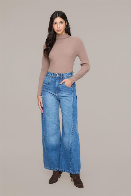 Calca Jeans Recorte Com Prega Lateral Jeans Medio - 34
