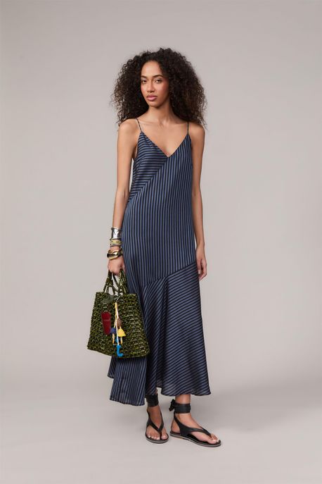 Vestido Listrado Com Recortes Preto / Marinho Indigo - M