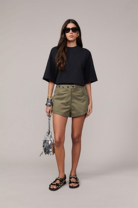 Short Com Cós Botões De Pressão Verde Militar - 42