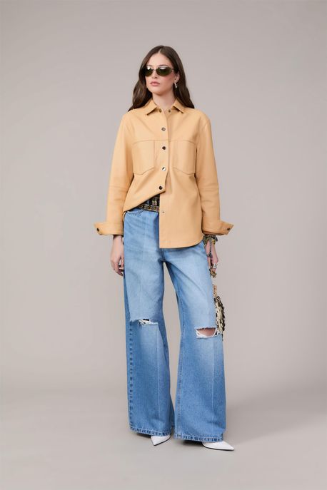 Calça Jeans Maxi Wide Leg Patchwork Jeans Medio - 42