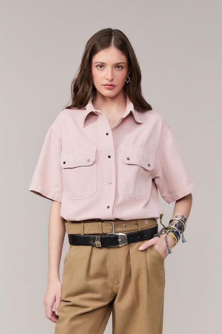 Camisa Sarja Manga Curta Rosa Suave - M