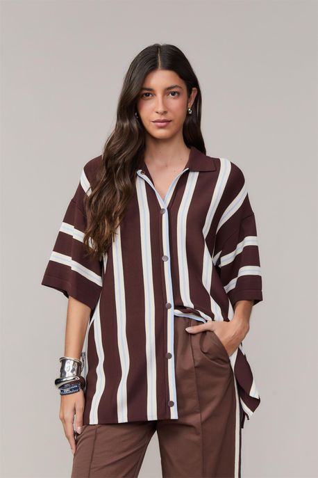 Camisa De Botão De Tricot Listrada Marrom Cafe - M