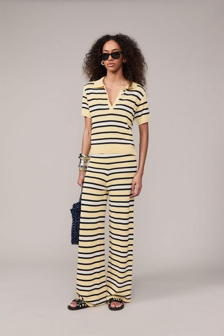 Blusa De Tricot Polo Bicolor Amarelo / Off / Azul Marinho - P