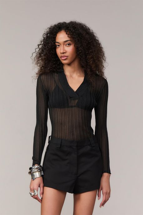 Blusa Polo De Tricot Com Lurex Preto - M