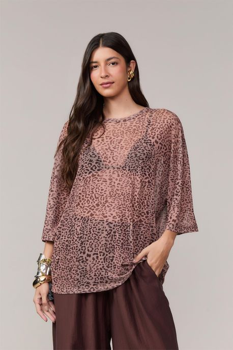 Blusa De Tule Mc Estampa Onça Grao Color Est Onca Grao Color Aj - P