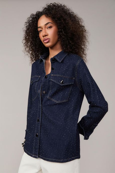 Camisa Jeans Com Strass Jeans Escuro - P