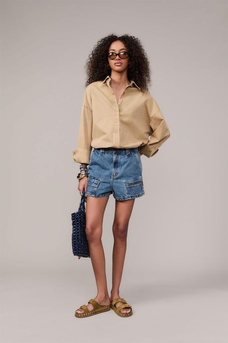 Shorts Jeans Cintura Alta Bolso Zíper Jeans Medio - 40