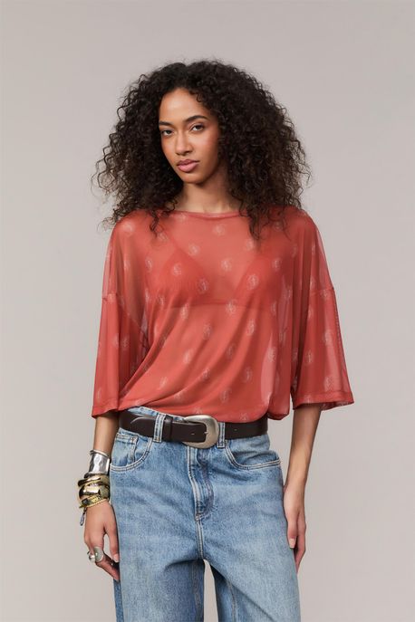 Blusa Tule Mc Estampa Paisley Ferrugem Est Paisley Ferrugem Aj - G