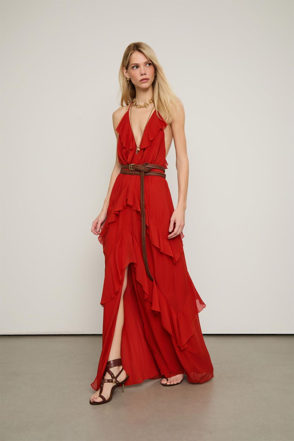 Vestido de Georgette Midi Alcinha Vermelho Babados