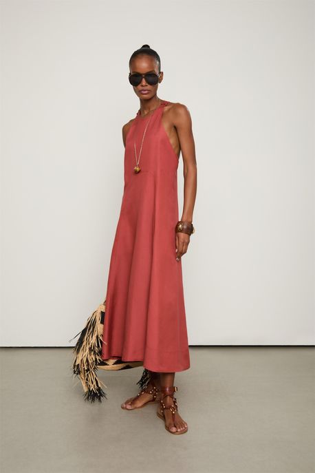 Vestido Com Linho Decote Nadador Vermelho Madeira - 42