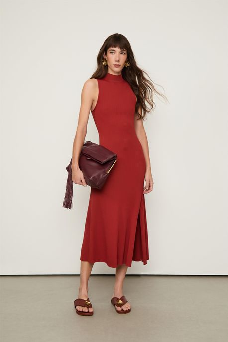 Vestido De Tricot Midi Vermelho Saia Ampla Com Fenda Vermelho Terroso - G