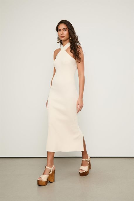 Vestido De Tricot Midi Com Decote Cruzado Efenda Costas Bege Petala - G