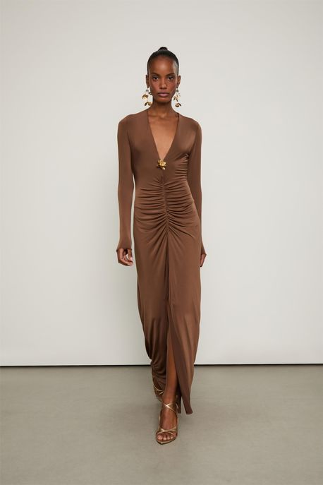 Vestido Decote Franzido Jersey Marrom Castanha - M