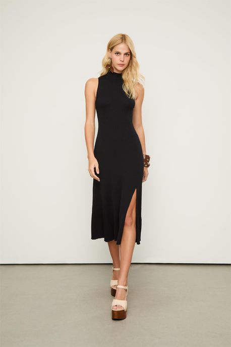 Vestido De Tricot Midi Preto Saia Ampla Com Fenda Preto - P
