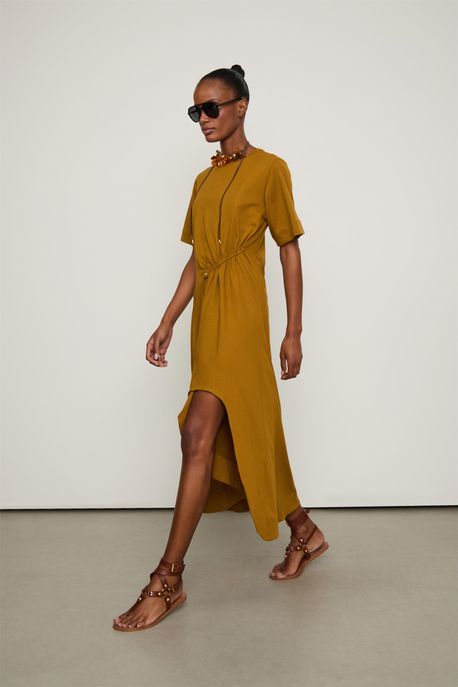 Vestido T-Shirt Midi Detalhe Colisse Marrom Marrom Azeitona - P