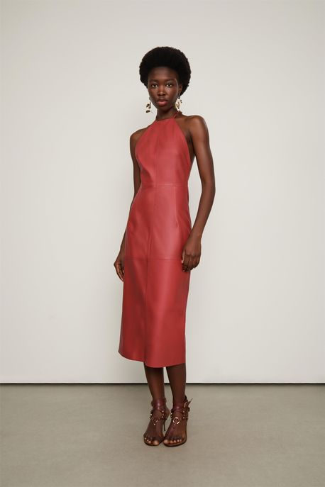Vestido De Couro Midi Frente Única Vermelho Terroso - 38