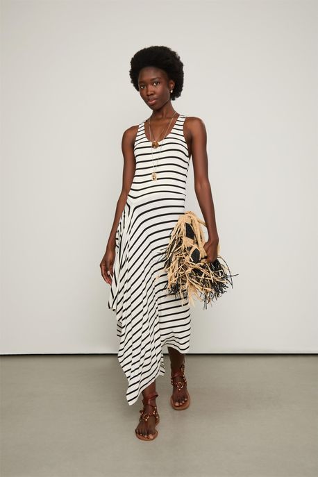 Vestido Listras Nadador Off White / Preto - M
