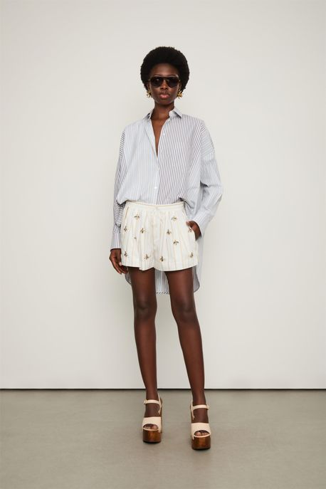 Short De Tricoline Listra Mostarda Com Bordado Mostarda - 38