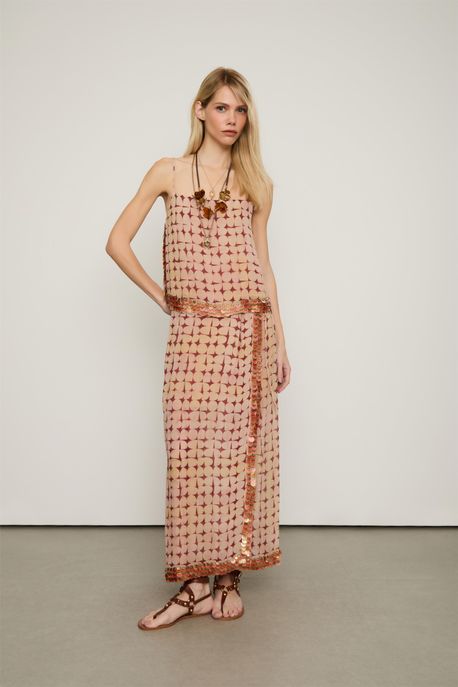 Saia De Georgette Midi Estampada Com Barra Bordada Est Geo Textura Color m - 36