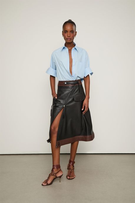 Saia Midi Perfecto De Couro Bicolor Preto - 44