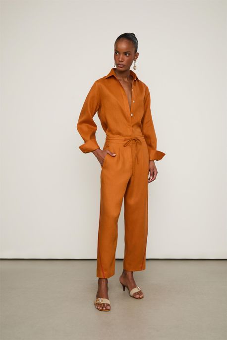 Calça De Linho Com Detalhe De Nervura Na Lateral Laranja Laranja Modart - 36
