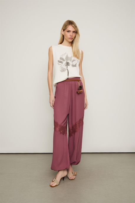 Calça Seda Renda Marrom Taupe Cod Disponivel - 38