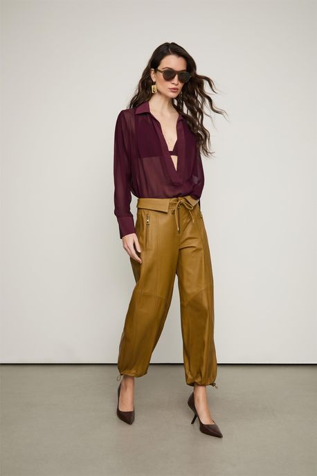 Calça De Couro Cos Virado Marrom Azeitona - 42