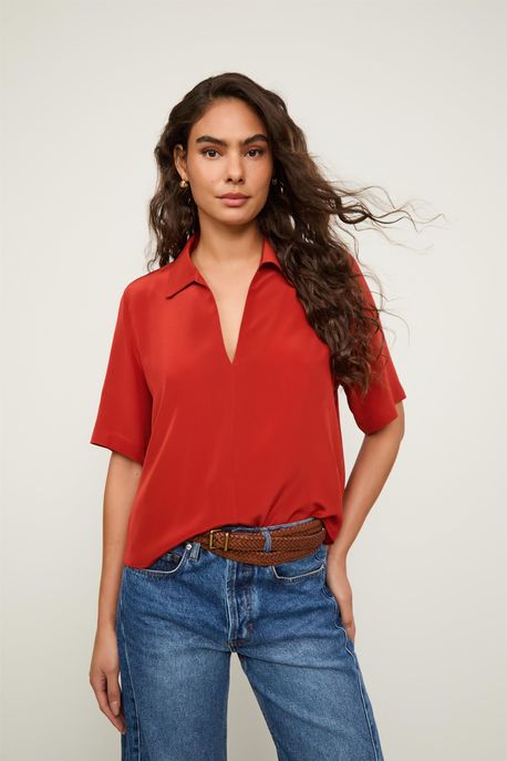 Camisa Polo De Seda Vermelho Manga Curta Vermelho Terroso - 36