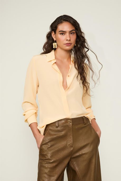 Camisa De Seda Básica Amarela Manga Longa Amarelo Apricot - 36