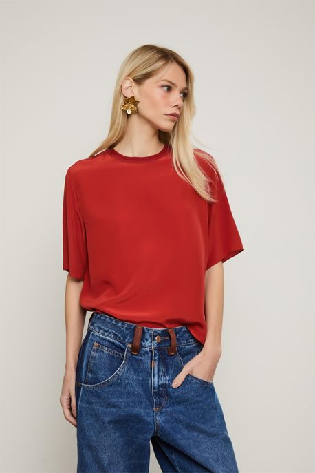 Camiseta De Seda Gola Rib Vermelho Terroso - 36
