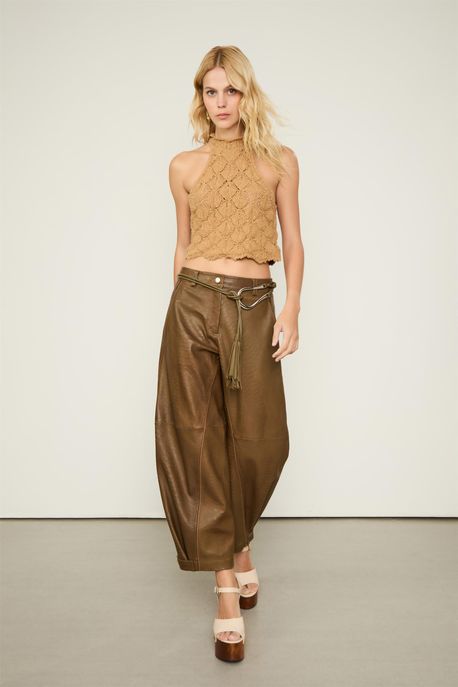 Top Tricot Textura Decote Halter Marrom Palha - G