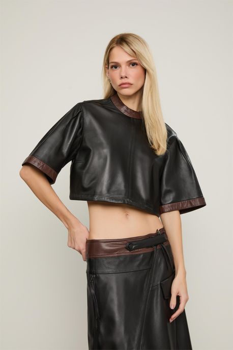 Blusa De Couro Bicolor Preto - P